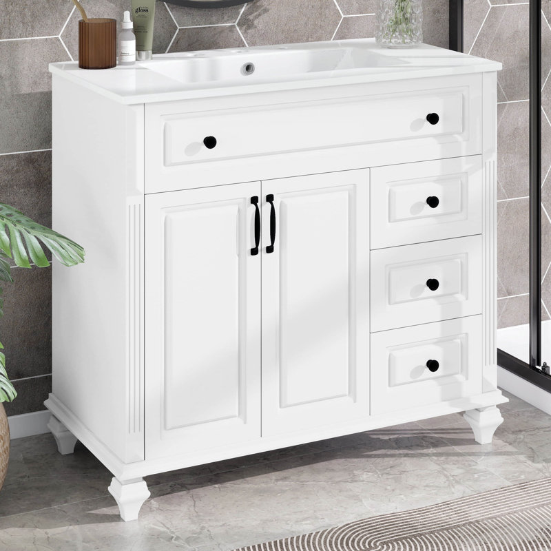 Ensemble de meuble-lavabo sur pied 36 po avec lavabo 36 po, 3 tiroirs et 2 portes, Blanc