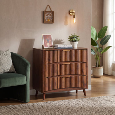 Commode 3 tiroirs cannelée avec rangement au fini noyer pour chambre à coucher et salon
