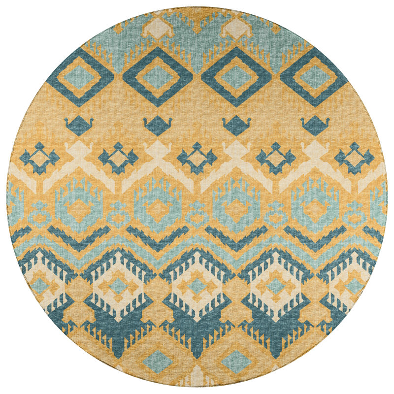 Tapis jaune / blanc / bleu tissé à la machine Hubbs, Rond 8 pi