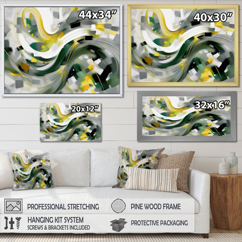 «Yellow and Green Abstracted Perspectives I» sur toile, H 34 po x l 44 po x P 1,5 po, Toile tendue