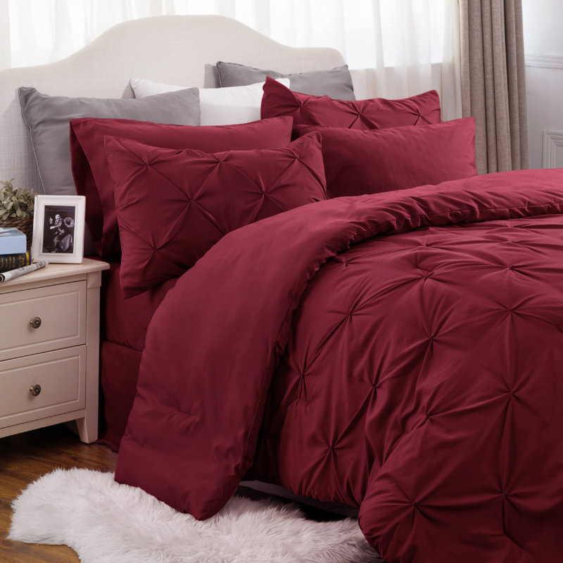 Bedsure Queen Burgundy Pintuck Bed-in-a-Bag - Dark Red Pinch Pleat Comforter Set with Sheets, Pillowcases & Shams (Set of 7)