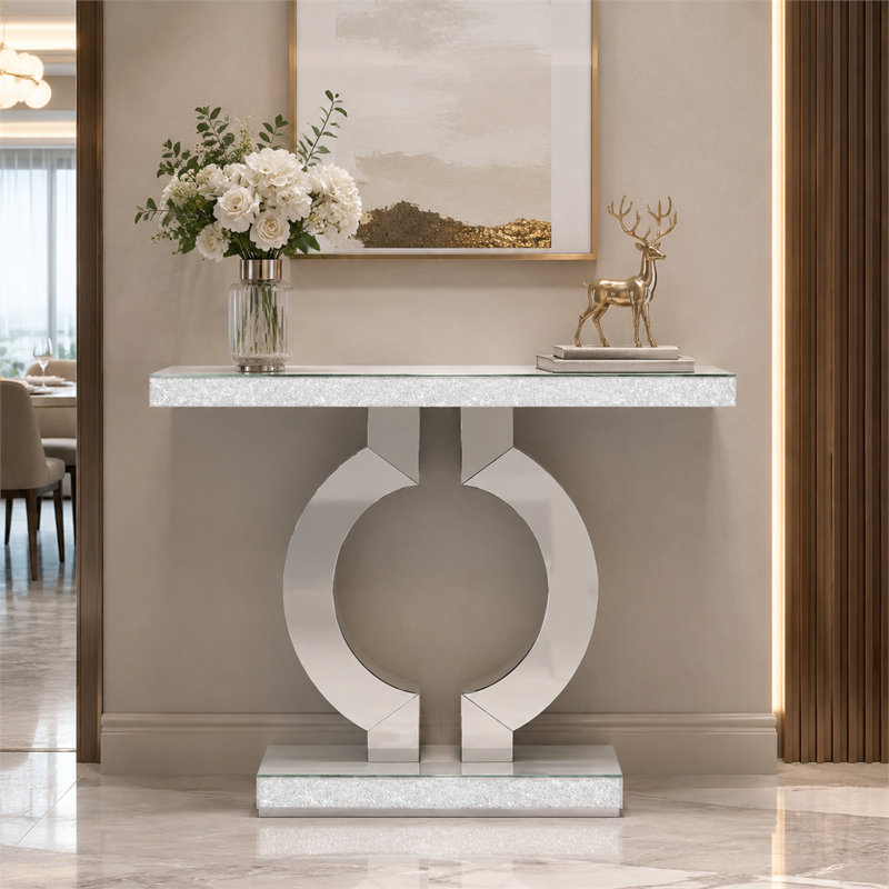 Console moderne en miroir avec base en forme de O et dispositif décoratif anti-basculement en acrylique facile à assembler pour le salon, la chambre à coucher, l'entrée et le bureau