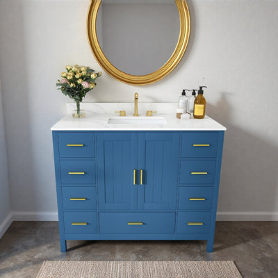 Meuble-lavabo moderne en bois massif de 42 po avec lavabo, comptoir en quartz blanc Carrara de 43 po avec 3 trous de robinet pré-percés, 2 portes doubles à fermeture douce et 9 tiroirs spacieux avec glissières