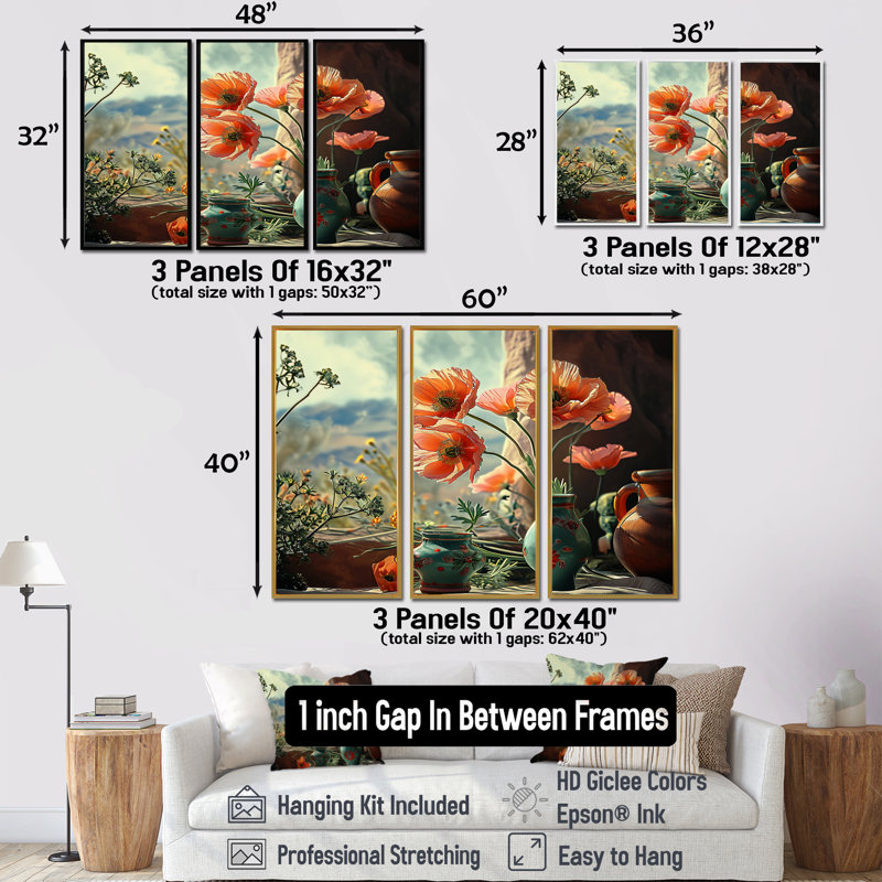 Demaio - Assorted Bouquets Wall Art Print Set, Brown Floater Framed, 32" H x 48" W x 1" D