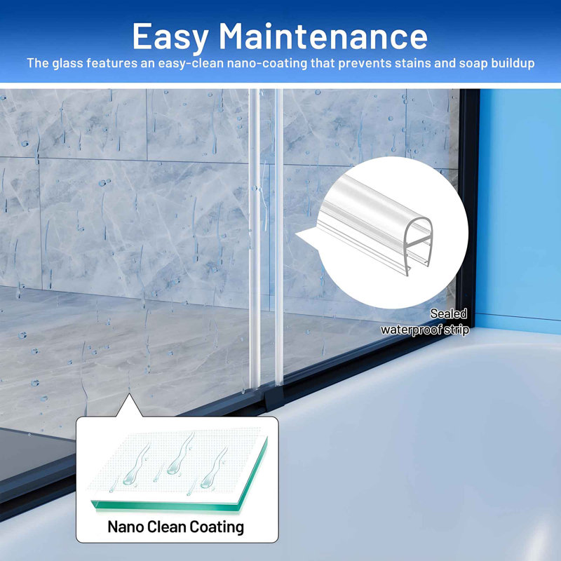 Matte Black Semi-Frameless Sliding Bathtub Door with Clear Glass