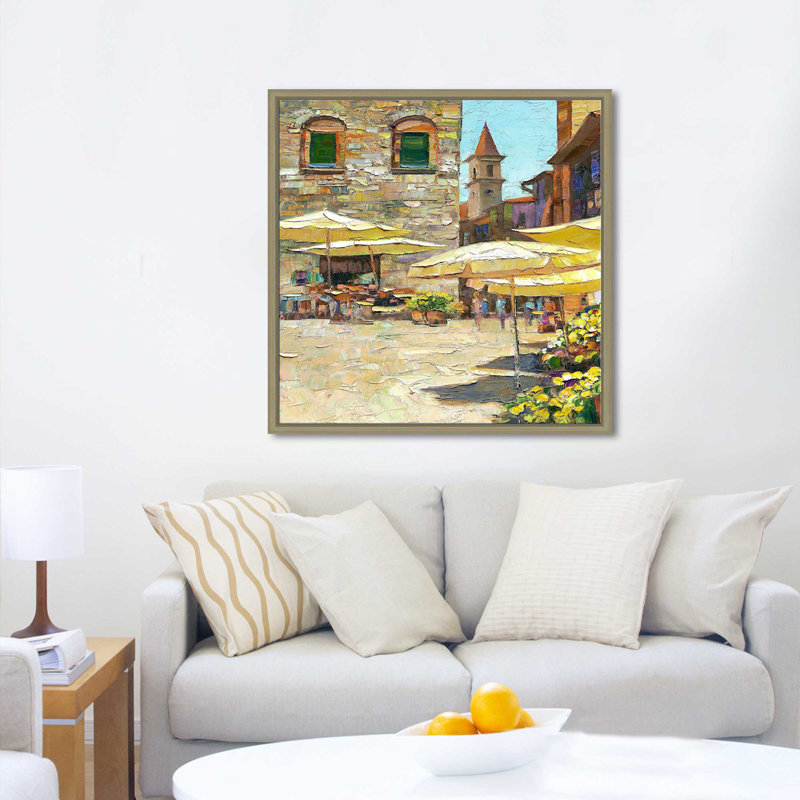 «Siena Flower Market I» par Howard Behrens - Peinture, H 31,5 po x l 31,5 po x P 2 po, Cadre flottant champagne