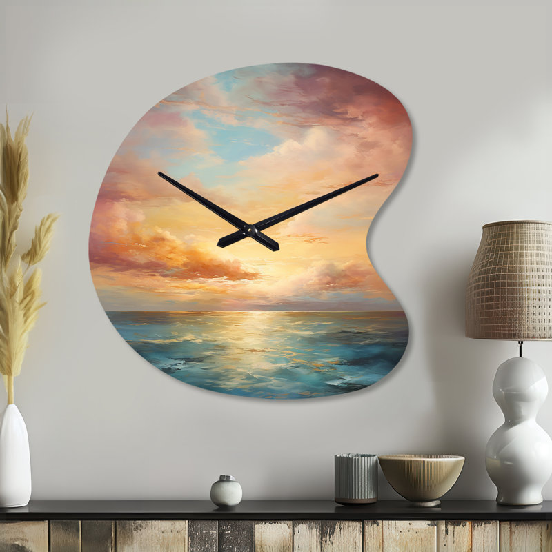 Ocean Sunset Celestial Symphony - Sunset Unique Shape Metal Wall Clock, Traditional Asymmetrical Wall Clock Print, Small