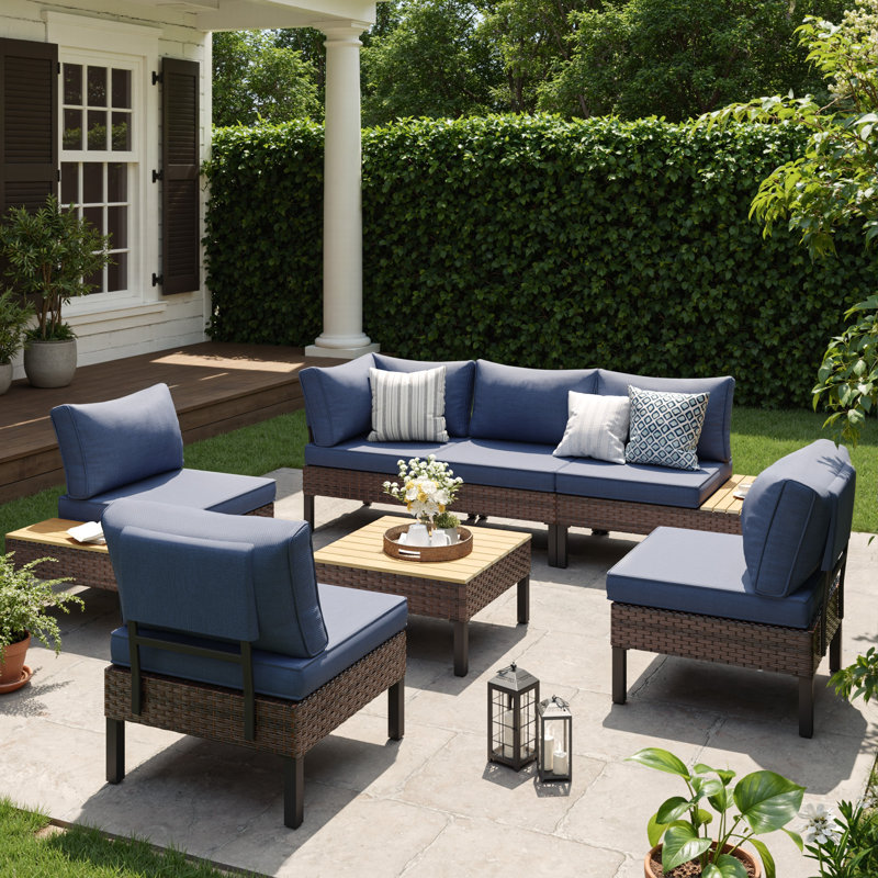 L-Shaped Rattan Outdoor Patio Sofa Set, Blue, 6