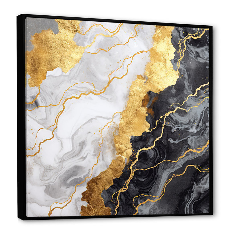 Or et gris abstrait marbre mirage III - Art mural abstrait en marbre, Cadre flottant noir, H 36 po x l 36 po x P 1,5 po