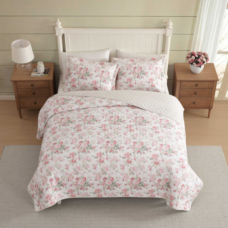 Ensemble de courtepointe réversible en coton vert Laura Ashley Rosemoore, Courtepointe pour lit simple + 1 taie décorative 