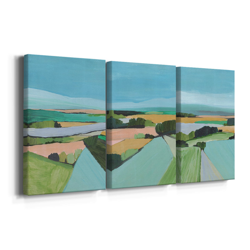 Bright Coloured Countryside I - Toile tendue avec châssis sur mesure - 3 pièces, H 18 po x l 36 po