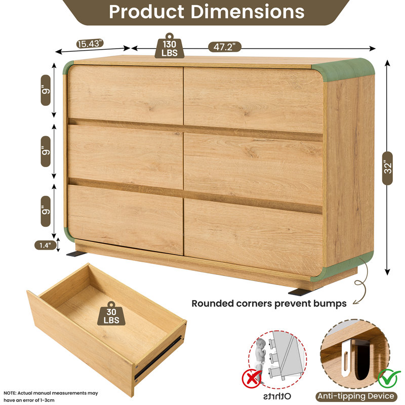 Natural Oak Farmhouse 6-Drawer Dresser, Rustic Wood Chest of Drawers with Natural Texture, Multi-Use Storage for Bedroom & Living Room