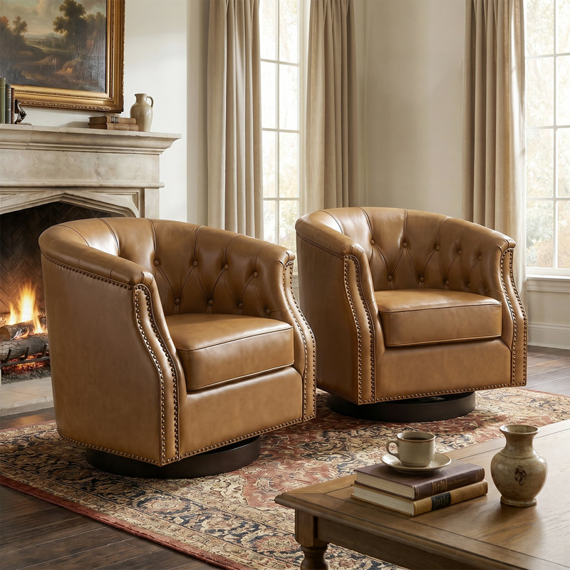 Chaise berçante et pivotante en cuir véritable avec garniture cloutée Nixmary Chesterfield, Cuir véritable chameau