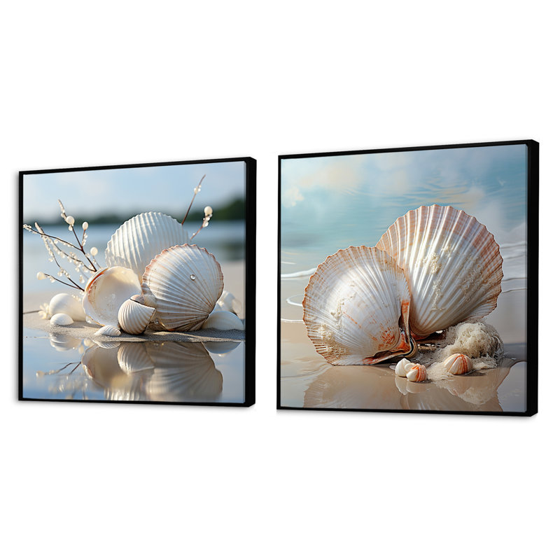 Photographie de coquillage blanc minimaliste - ensemble de 2 animaux carrés, Cadre flottant noir, H 16 po x l 33 po