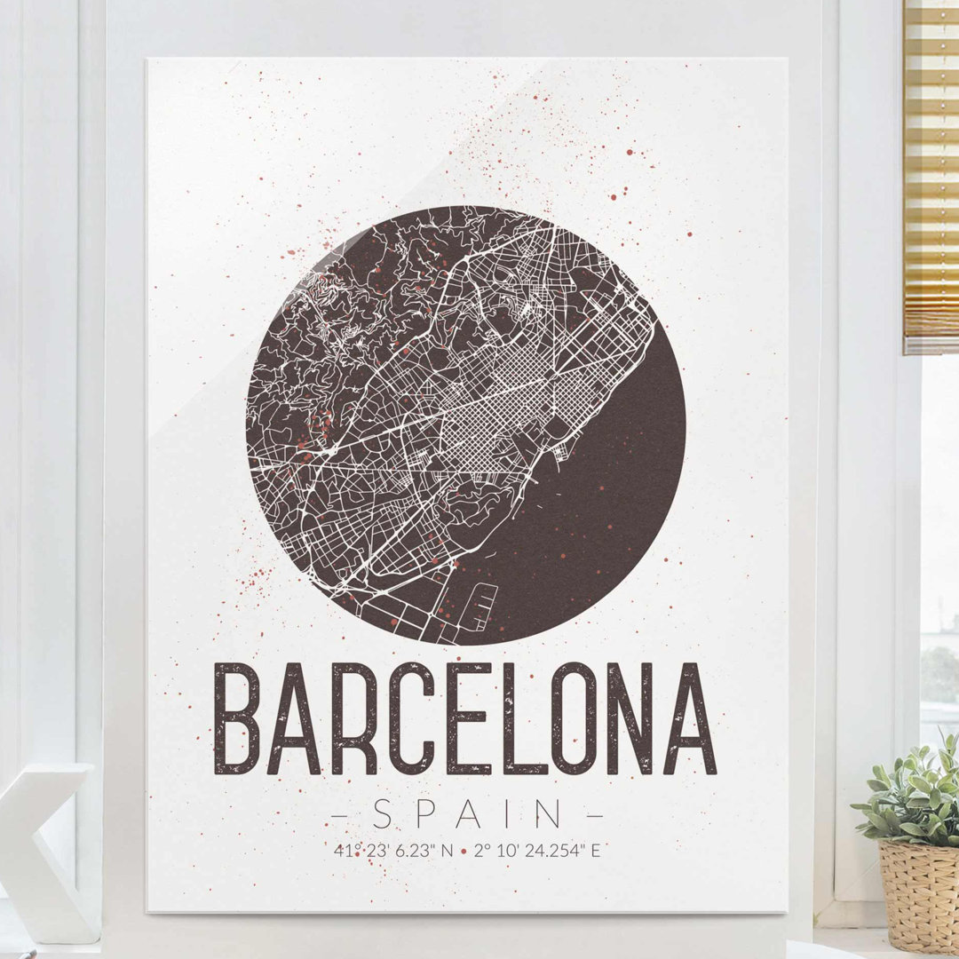 Glasbild Barcelona Stadtplan-Retro