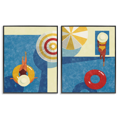 Relaxing Female Figure Poolside 2 PC Framed Giclee Art Set by Victoria Barnes