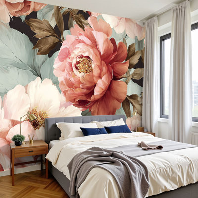 Papier peint à peler et coller, fleurs de jardin, pivoines, aquarelle, belle texture, peintures murales romantiques, papier peint amovible en PVC, H 100 po x l 144 po, pour chambre à coucher, bureau à domicile