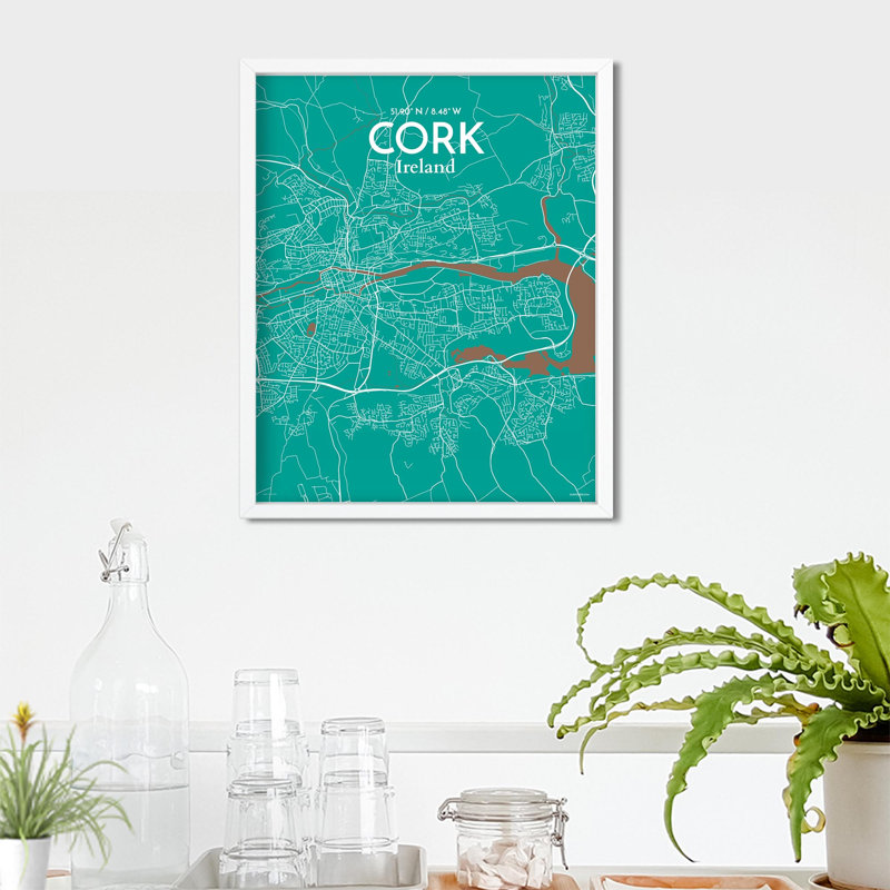 Cork City Map, impression, H 20 po x l 16 po, Vert / brun