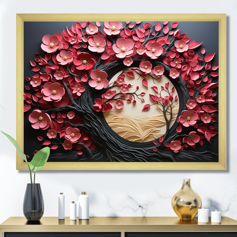 Élégant arbre floral orchidée rose et blanc I - arbre, art mural, Cadre d'angle fermé doré, H 34 po x l 44 po x P 1,5 po