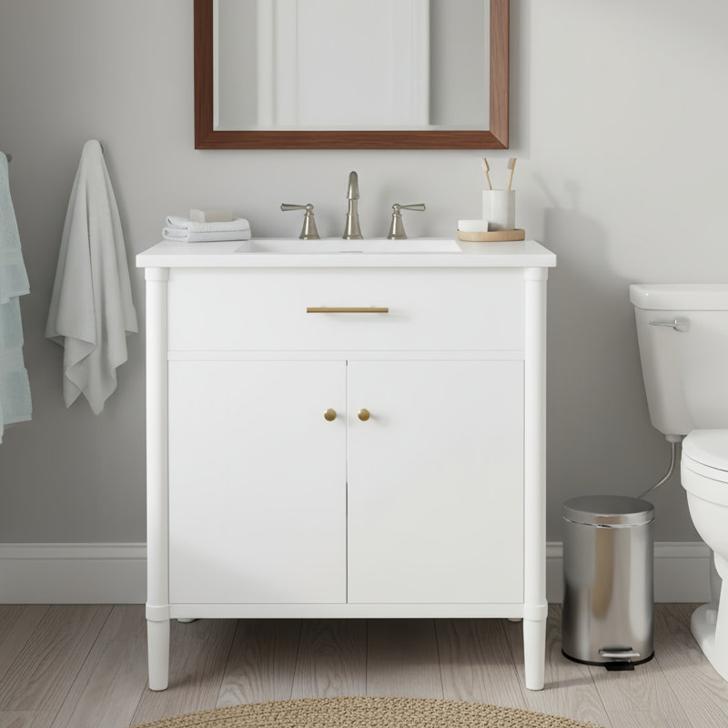 Arden 30" Contemporary Curved Bathroom Vanity With Ceramic Sink And Interior Storage, White