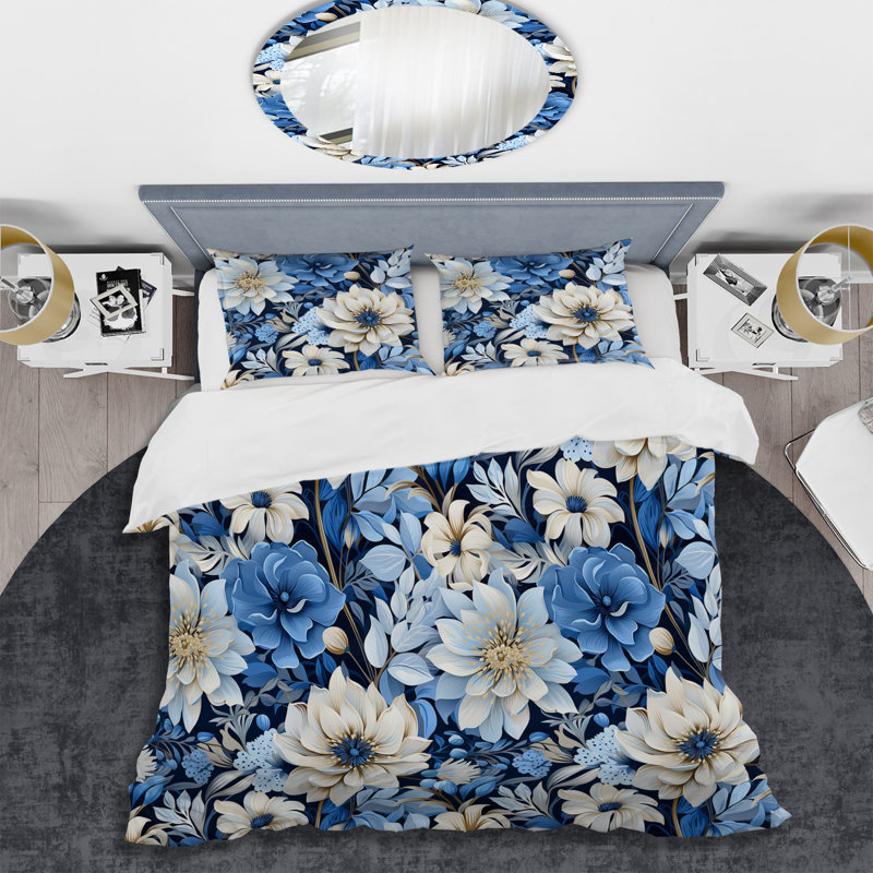 Enchanted Blue And White Peonies Pattern Floral Duvet Cover, King Duvet Cover + 2 King Shams