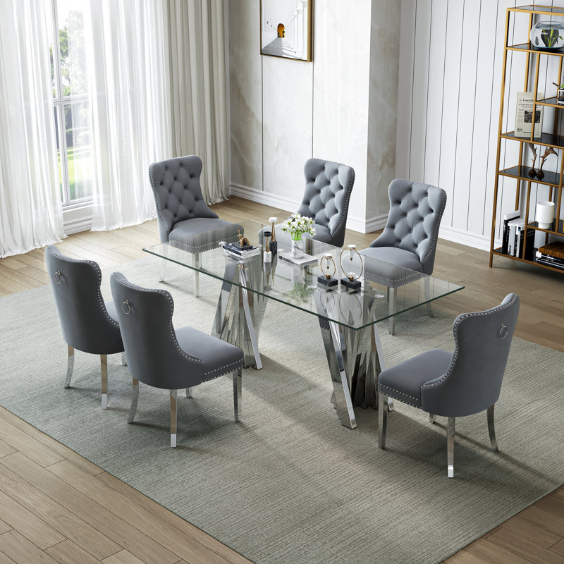 6 - Person Glass Top Double Pedestal Dining Set, Silver, Gray/Silver