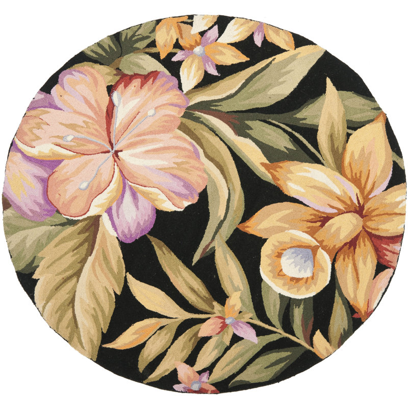 Tapis floral en laine crocheté à la main Hogle, Rond 5 pi 6 po