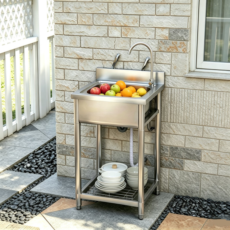 Stainless Steel Free Standing Single Bowl Kitchen Utility Sink with Mixer Tap & Storage Shelf, Freestanding Wash Station for Outdoor, Garage, Laundry Room, 55 x 50 x 100 cm