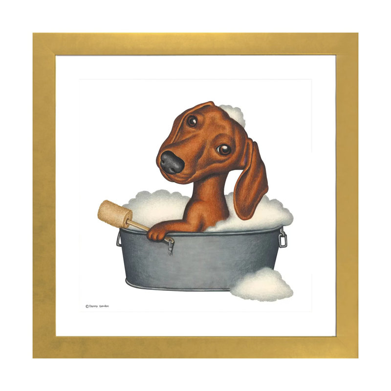 «Dachshund Bath» par Danny Gordon - impression d'art graphique, Blanc, H 16 po x l 16 po x p 1 po, Papier encadré doré