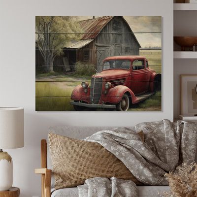 «Red Car» par Barn - impression sans cadre sur bois