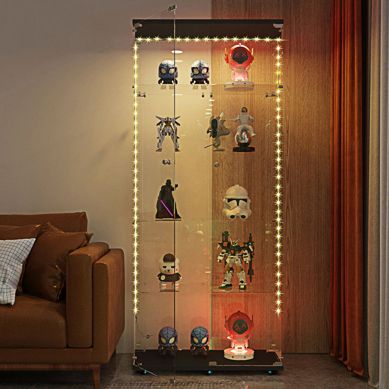 Armoire décorative, armoire de rangement avec bande lumineuse à DEL Bluetooth, vitrine en verre trempé, serrure sur la porte