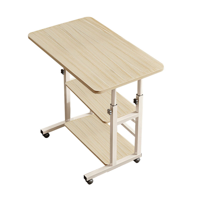 Height Adjustable Computer Desk Mobile Table with Shelves, Light Brown