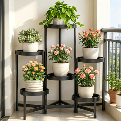 Support à plantes à 6 niveaux pour l'intérieur et l'extérieur avec plateaux en plastique, grand support de fleurs pliable en coin, étagère à plantes moderne pour patio, porche, salon, bureau, noir