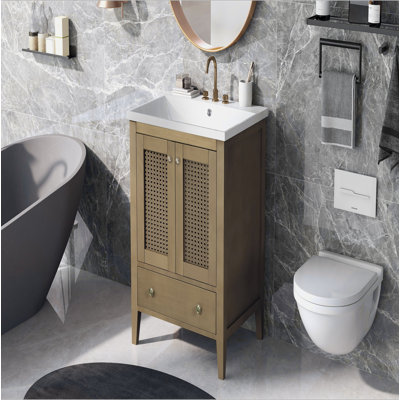 Meuble-lavabo 24 po avec lavabo en céramique, armoire de rangement en rotin avec deux portes et tiroir, structure solide