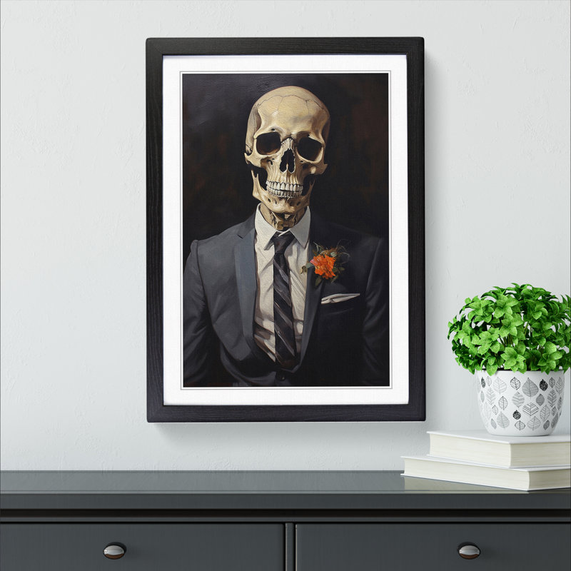 Skeleton In A Suit Painting - Single Picture Frame Print on Wood, 64cm H x 46cm W x 2cm D, Black Framed