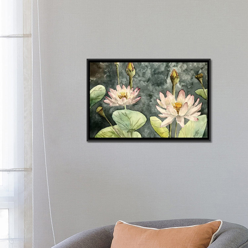 « lotus fleurs », impression sur toile, H 18 po x l 26 po x P 1,5 po, Toile avec cadre noir, Pas de tapis