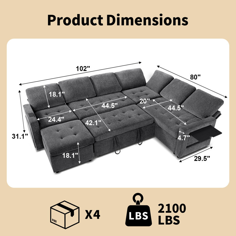 Canapé-lit modulaire en L en forme de L, canapé-lit escamotable à 7 places de 102 po avec ports de chargement USB, lumières DEL et rangement dissimulé, canapé-lit convertible pour le salon