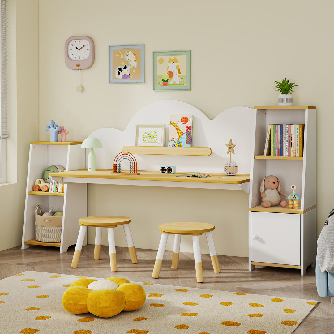 Kids Study Desk With Bookshelves And 2 Stools