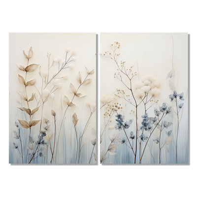 Beige And Blue Herbs Minimal Harmony - Floral Herbs Wall Art 2-Panels
