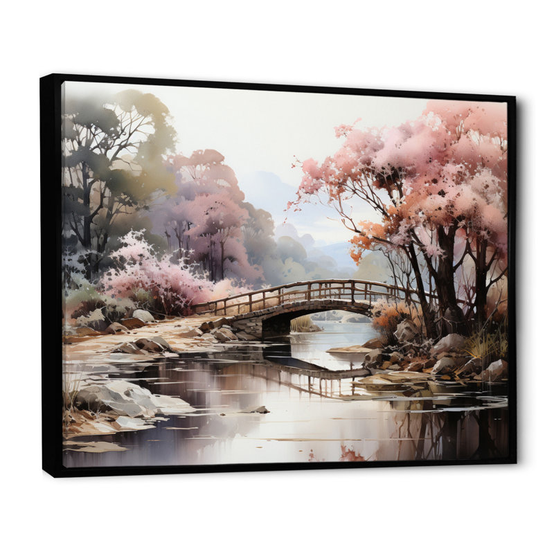 «Mahadevi Pink Bridge Misty Morning Passage», reproduction sur toile, 16" H x 32" W, Cadre flottant noir
