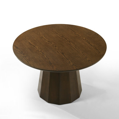 Round Dining Table 47.2" with Oak Veneer Top, 12-Faceted Pedestal Base, 4-Person Kitchen Table for Small Spaces