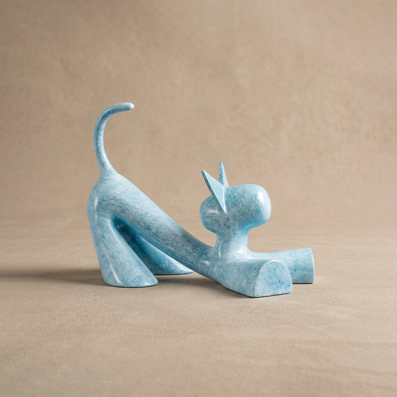 Sculpture abstraite de chat, statue en résine d'aspect marbre pour décoration intérieure - bibliothèque, bureau et table basse