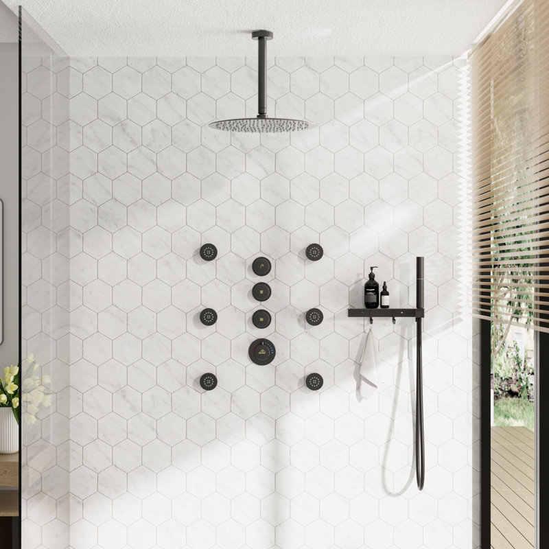 Système de douche thermostatique complet avec valve brute, Noir mat