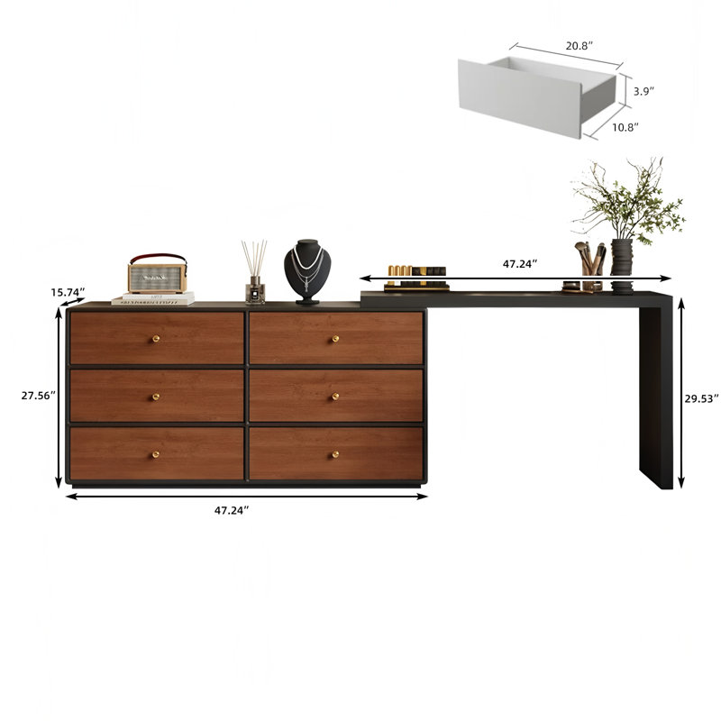 Contemporary Makeup Vanity with 6 Drawers & 360° Adjustable Tabletop Extension, Walnut-Gold Accent