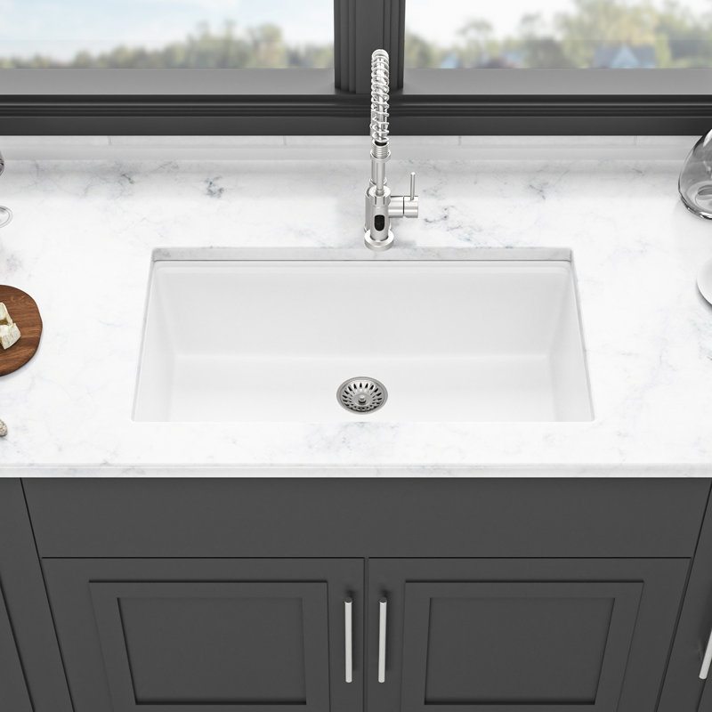30X19" White Granite Composite Undermount Kitchen Sink, & Quiet, Non - Porous Surface, Package With Cutting Board Drying Roll Up Rack 30X19", White, Composite, Workstation, Undermount, , Scratch