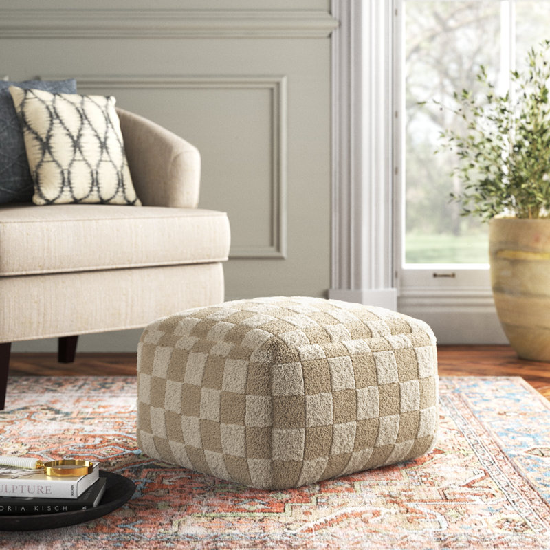 Birdie Upholstered Pouf, Off White Wool/Cotton Blend