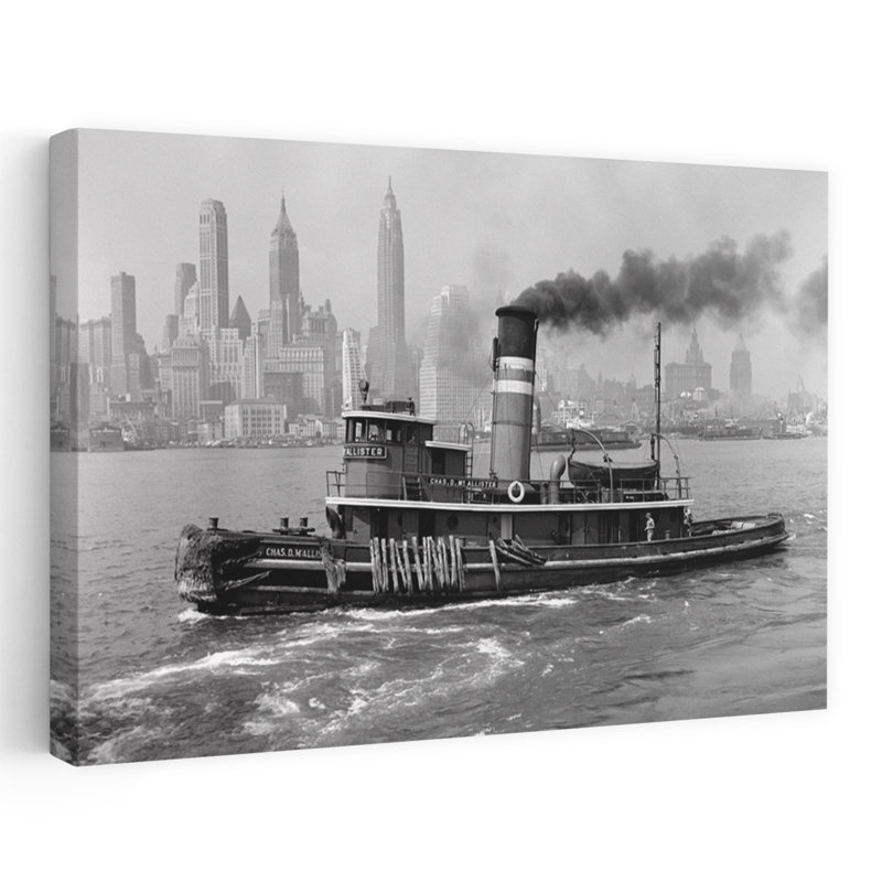 1940S Steam Engine Tugboat On Hudson River With New York City Skyline In Smokey Background Outdoor Classic Industrial Retro City Art