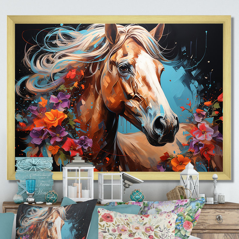 Cheval, art de rue, H 24 po x l 32 po x P 1 po, Cadre doré simple