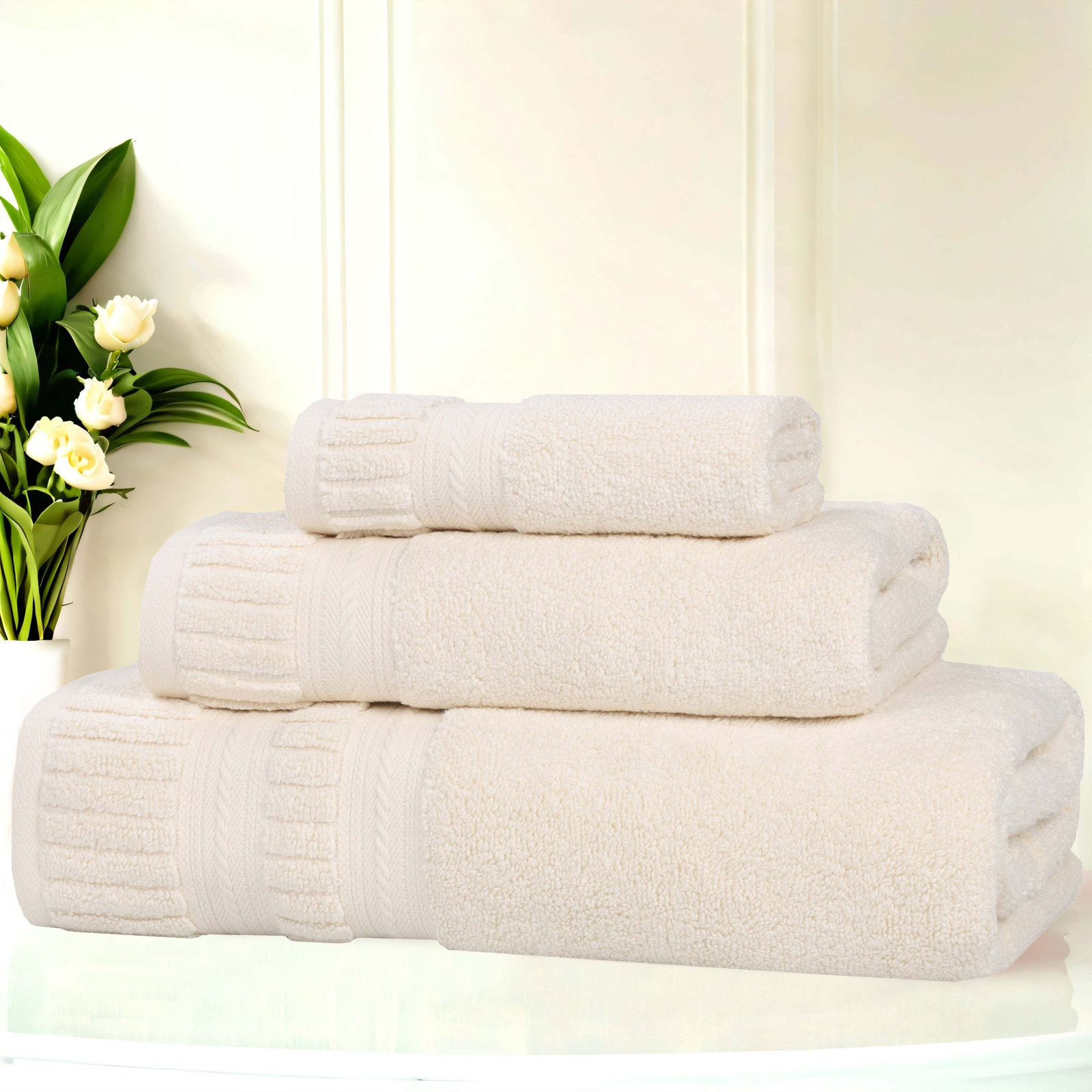 Zero-Twist Cotton Towel Set, Ivory, 3 Piece Towel Set