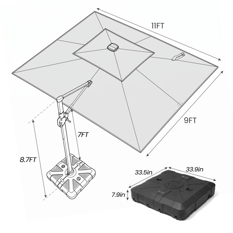 Parasol rectangulaire en porte-à-faux 9 pi x 11 pi, base de contrepoids incluse, Rectangular, 104.4" H x 132" W x 108" D